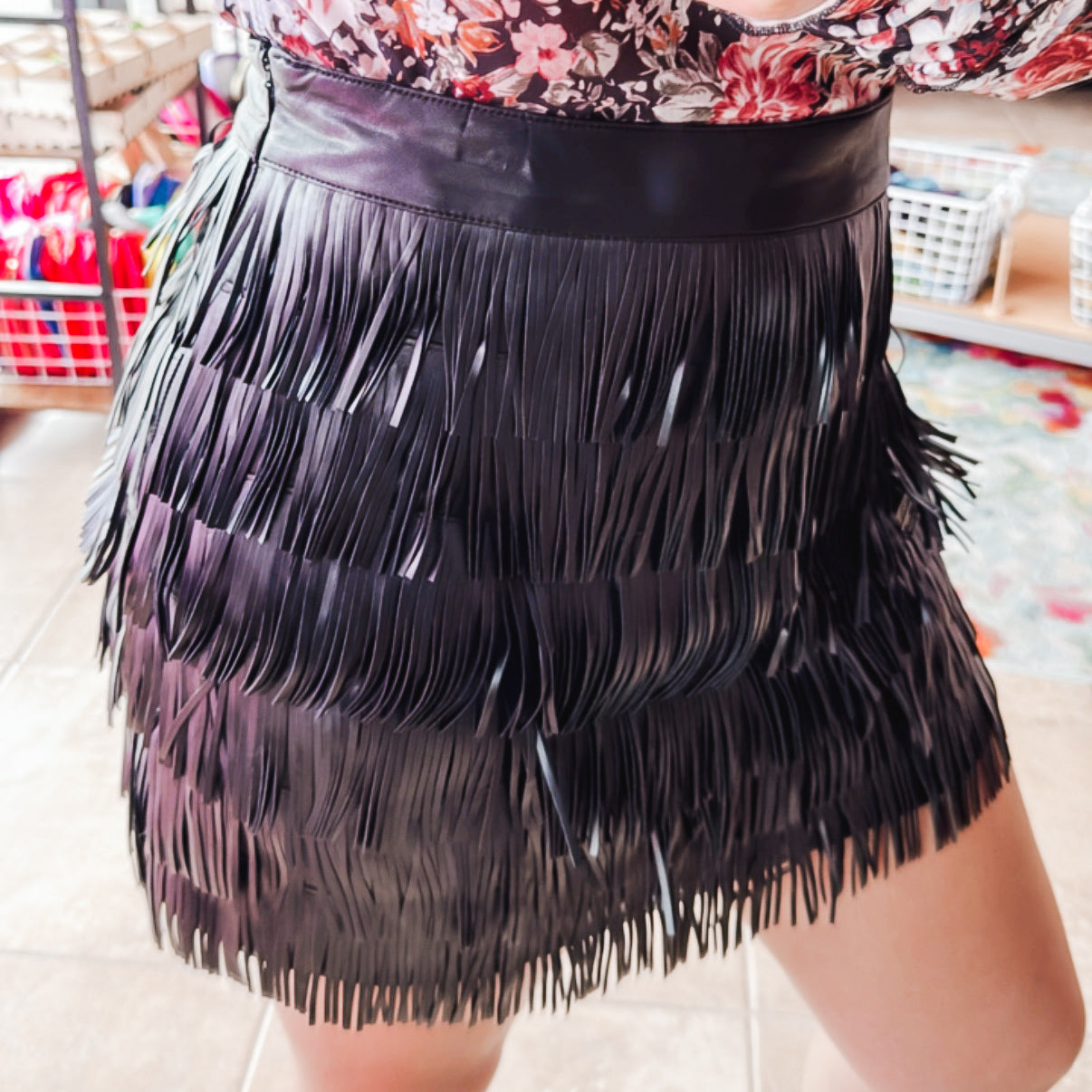 Vegan Leather Fringe Mini Skirt