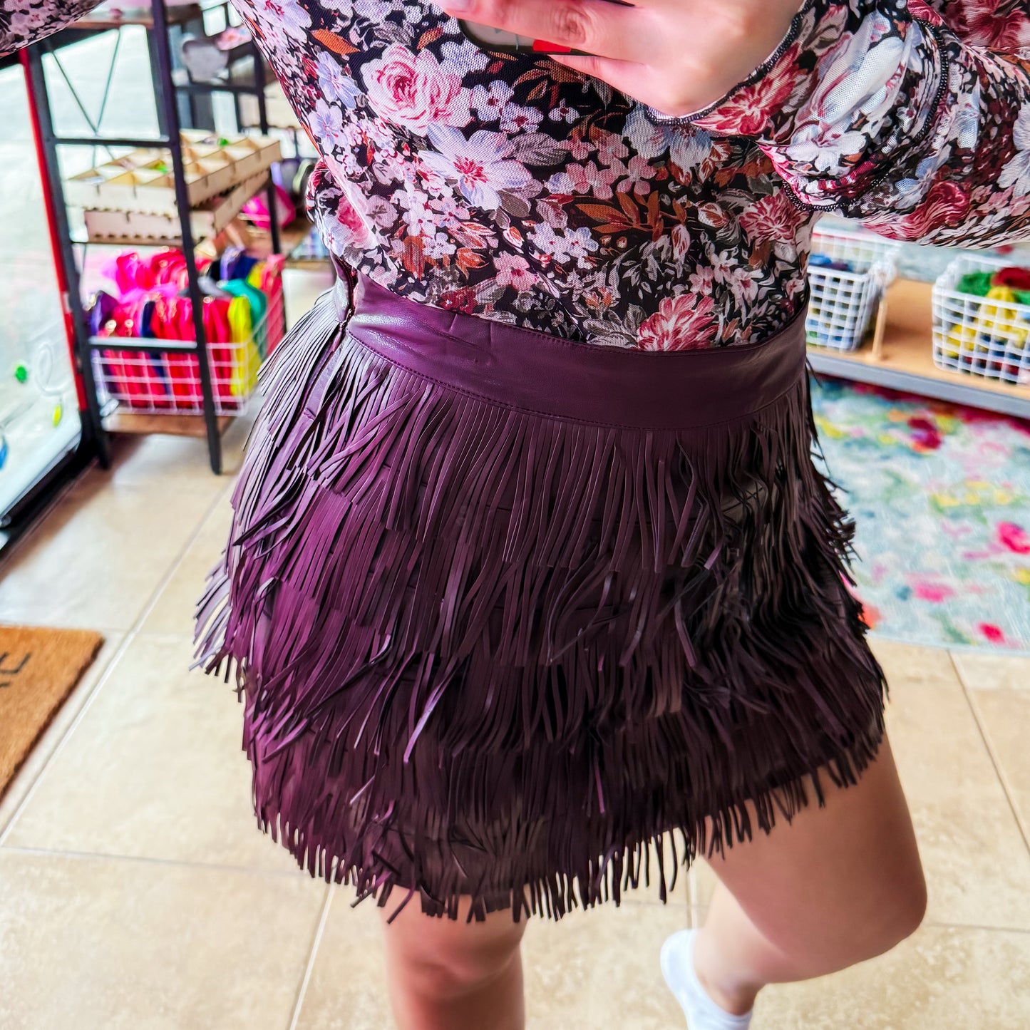 Vegan Leather Fringe Mini Skirt
