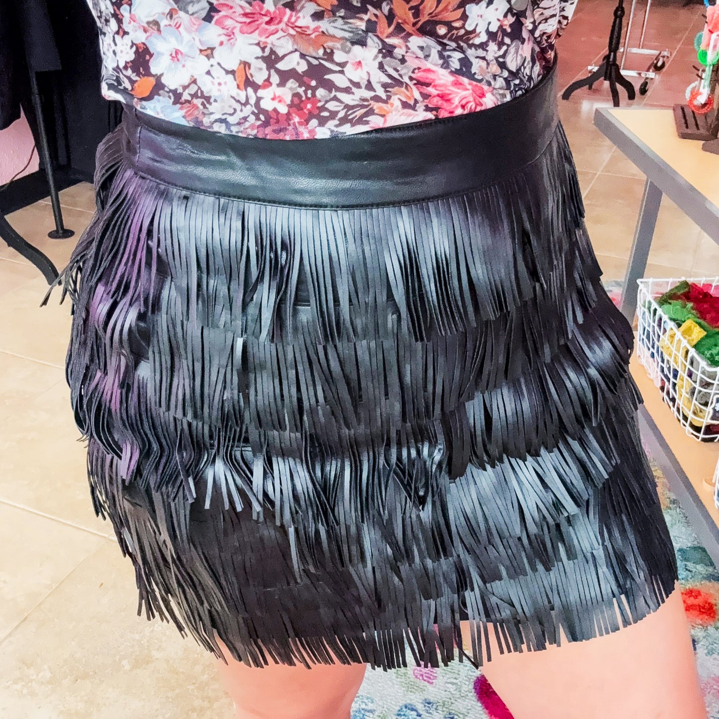 Vegan Leather Fringe Mini Skirt