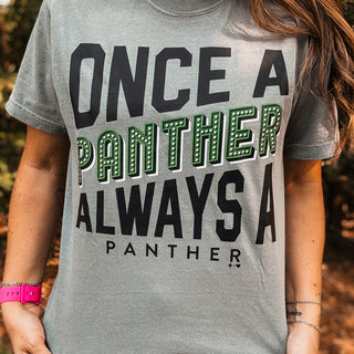 Gray t-shirt with 'Once a Panther, Always a Panther' text design-ava wray boutique
