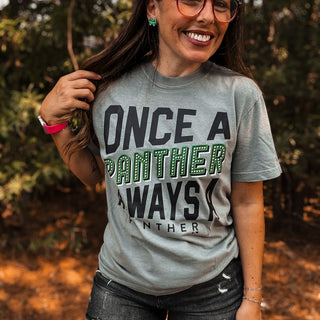 Person wearing a gray t-shirt with 'Once a Panther, Always a Panther' text outdoors-ava wray boutique