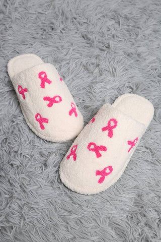 Pink Ribbon Embroidered Fuzzy Slippers