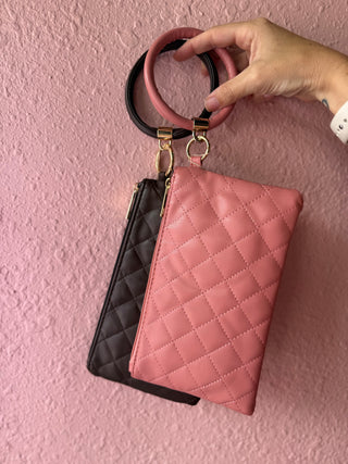 Quilted Wristlet Clutch Pouch – Faux Leather Zip Wallet with Bangle Key Ring (2 colors)