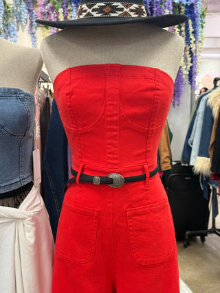 Red Denim Romper