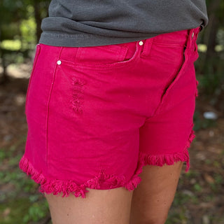 | Rebecca | Risen Mid Rise Fuchsia Denim Shorts