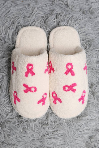 Pink Ribbon Embroidered Fuzzy Slippers