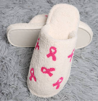 Pink Ribbon Embroidered Fuzzy Slippers