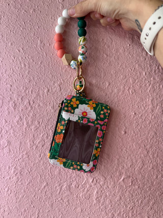 Floral Wristlet ID Wallet Keychain – Beaded Silicone Key Ring Card Holder