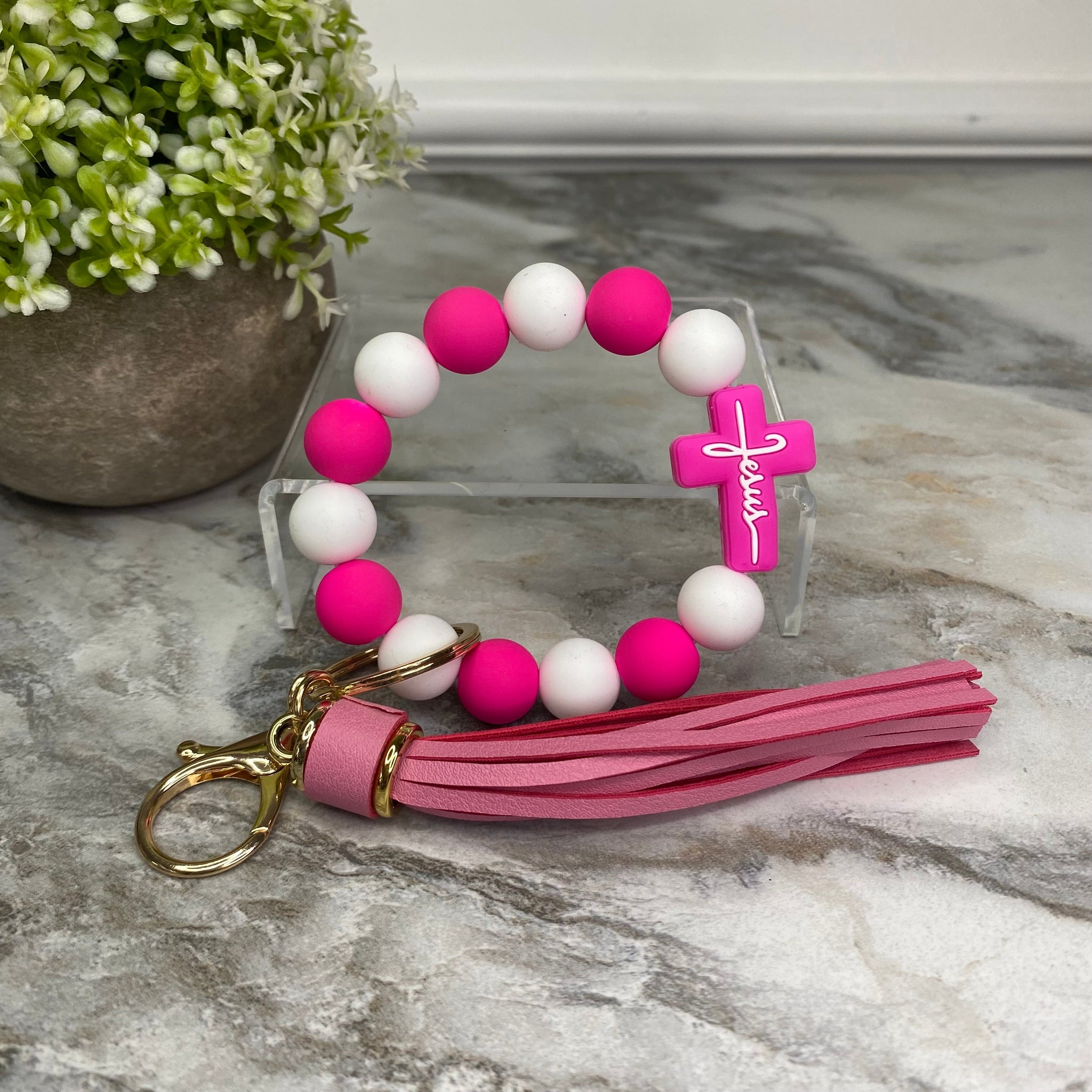 Silicone Bracelet Keychain - Jesus, White & Pink