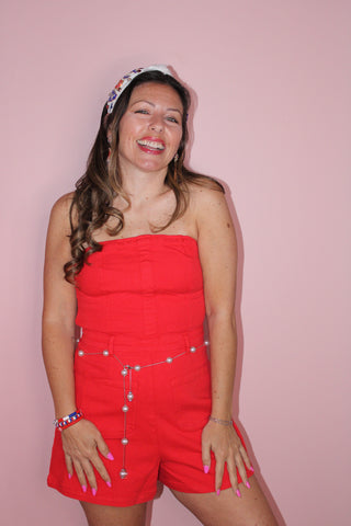 Red Denim Romper