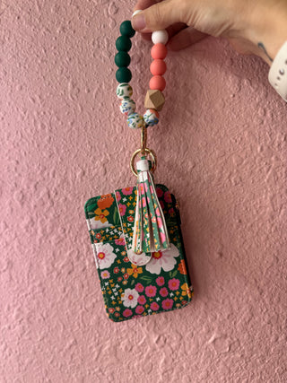 Floral Wristlet ID Wallet Keychain – Beaded Silicone Key Ring Card Holder