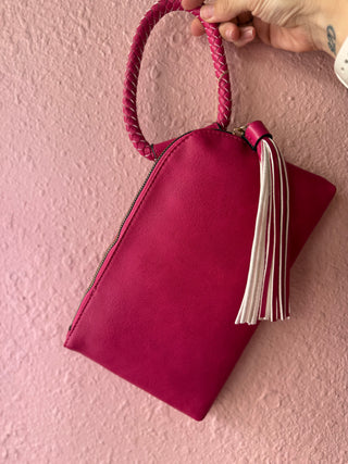 Hot Pink Wristlet Clutch Pouch – Faux Leather Zip Wallet with Braided Handle & Tassel