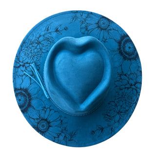 Vegan Suede Laser Etched Heart Crown Flat Brimmed | Teal