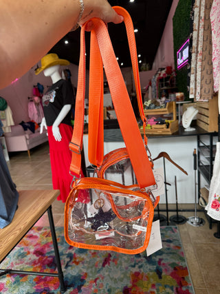 Clear Stadium Crossbody Bag – Orange Trim Transparent Purse (2 sizes)