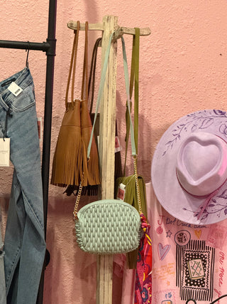 Sage Green Woven Crossbody Bag with Scarf