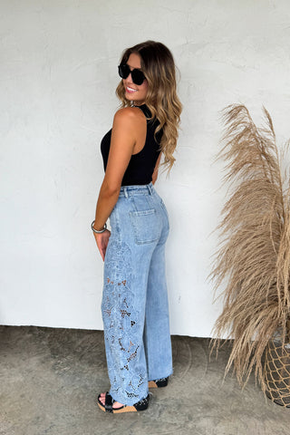 Floral Charm Wide Leg Denim Jeans