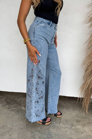 Floral Charm Wide Leg Denim Jeans