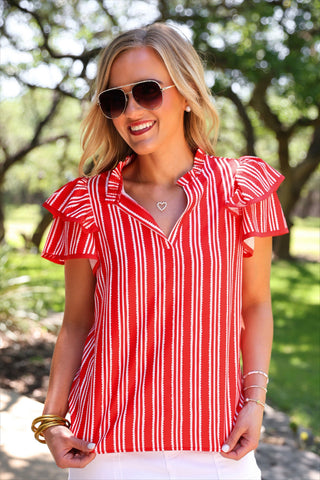 Layla Striped Flutter Sleeve Blouse- Red