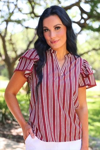 Layla Striped Flutter Sleeve Blouse- Maroon
