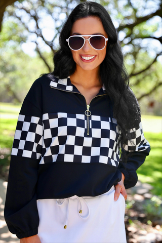 End Zone Checkered Pullover- Black