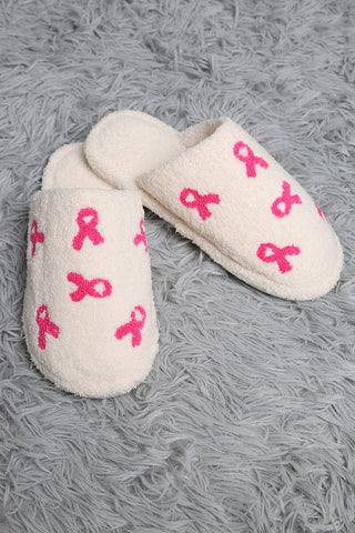Pink Ribbon Embroidered Fuzzy Slippers