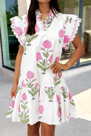 Pink Floral Ruffle Collar Babydoll Dress with Pockets