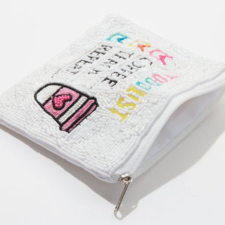 "Coffee, Teach, Repeat" Beaded Coin Pouch