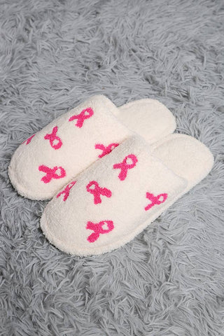 Pink Ribbon Embroidered Fuzzy Slippers