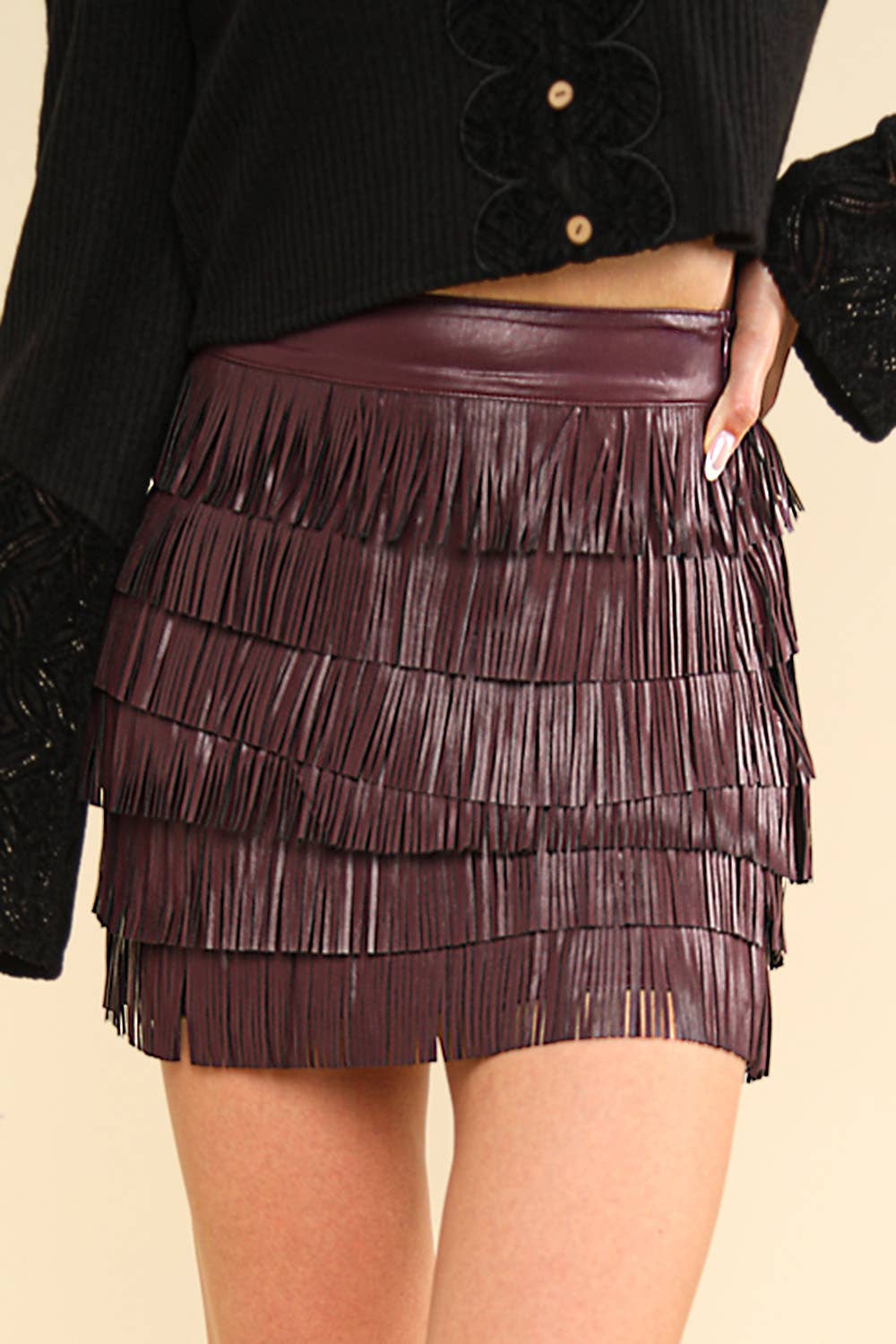 Vegan Leather Fringe Mini Skirt