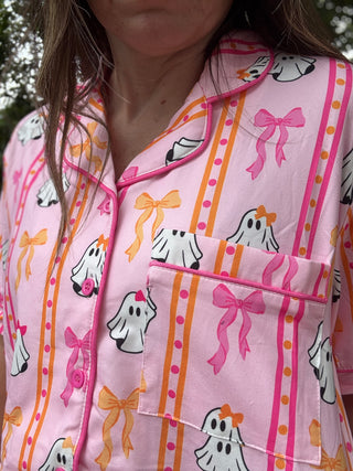 Pink pajama top with ghost and bow pattern-ava wray boutique